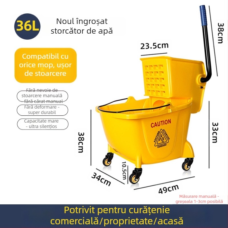 Găleată pentru mop cu mecanism de stoarcere răsucitoare; mop din bumbac; tijă din plastic; randament de uscare 80-90%; capacitate de încărcare sub 10 kg