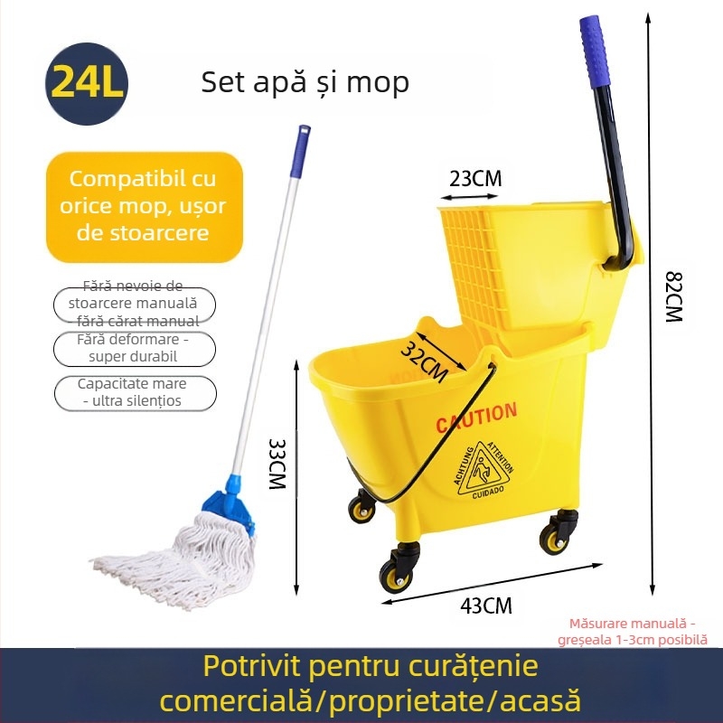 Găleată pentru mop cu mecanism de stoarcere răsucitoare; mop din bumbac; tijă din plastic; randament de uscare 80-90%; capacitate de încărcare sub 10 kg