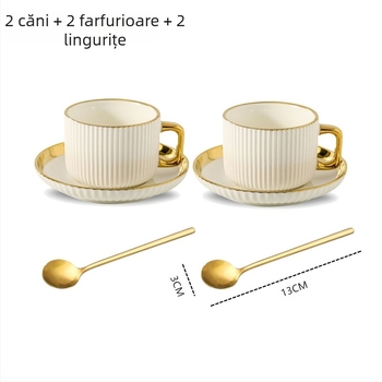 Set de 12 piese cești și farfurioare ceramice, cu margine aurie, pentru 6 persoane, pentru cafea și ceai de după-amiază