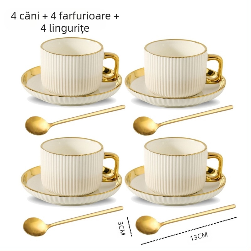 Set de 12 piese cești și farfurioare ceramice, cu margine aurie, pentru 6 persoane, pentru cafea și ceai de după-amiază