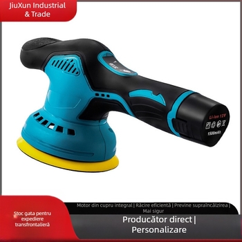 Polizor portabil pentru detailing auto, cu baterie litiu 12V, acțiune verticală, 2800–5000 rpm, include discuri plate și ondulate, roată din lână și șmirghel