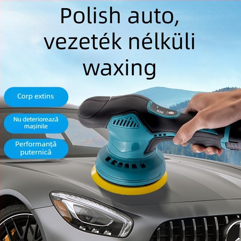 Polizor portabil pentru detailing auto, cu baterie litiu 12V, acțiune verticală, 2800–5000 rpm, include discuri plate și ondulate, roată din lână și șmirghel