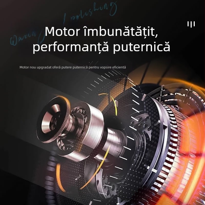 Polizor portabil pentru detailing auto, cu baterie litiu 12V, acțiune verticală, 2800–5000 rpm, include discuri plate și ondulate, roată din lână și șmirghel