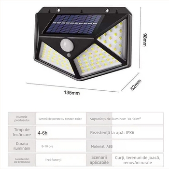 Lampa solară de perete exterior, iluminare pe patru fețe, IP65, 5W, 3.7V
