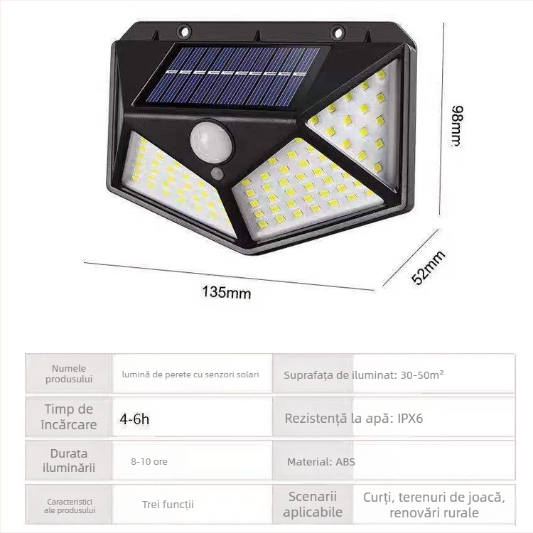 Lampa solară de perete exterior, iluminare pe patru fețe, IP65, 5W, 3.7V