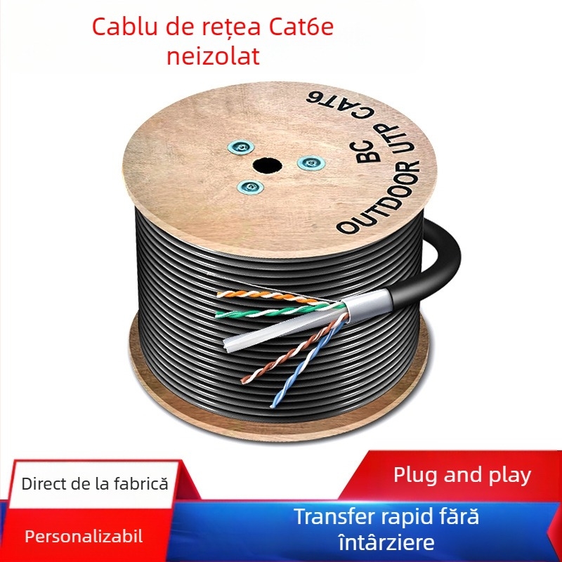 Cablu Ethernet Cat6e exterior neîncapsulat – 1000 Mbps, 1,24 Gbps, -20 până la 80 °C, rezistență la tracțiune 80 N