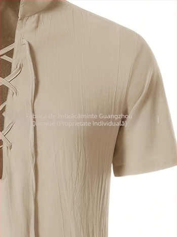 Cămașă bărbătească cu guler înalt și deschidere parțial deschisă, poliester respirabil, croială lejeră, Vara 2025