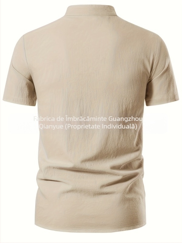 Cămașă bărbătească cu guler înalt și deschidere parțial deschisă, poliester respirabil, croială lejeră, Vara 2025