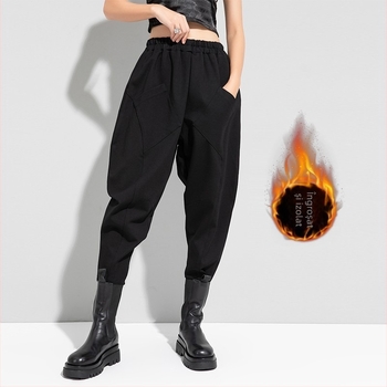 Pantaloni harem pentru femei, cu căptușeală de fleece, talie înaltă, croială 3D, pentru toamnă-iarnă, stil occidental
