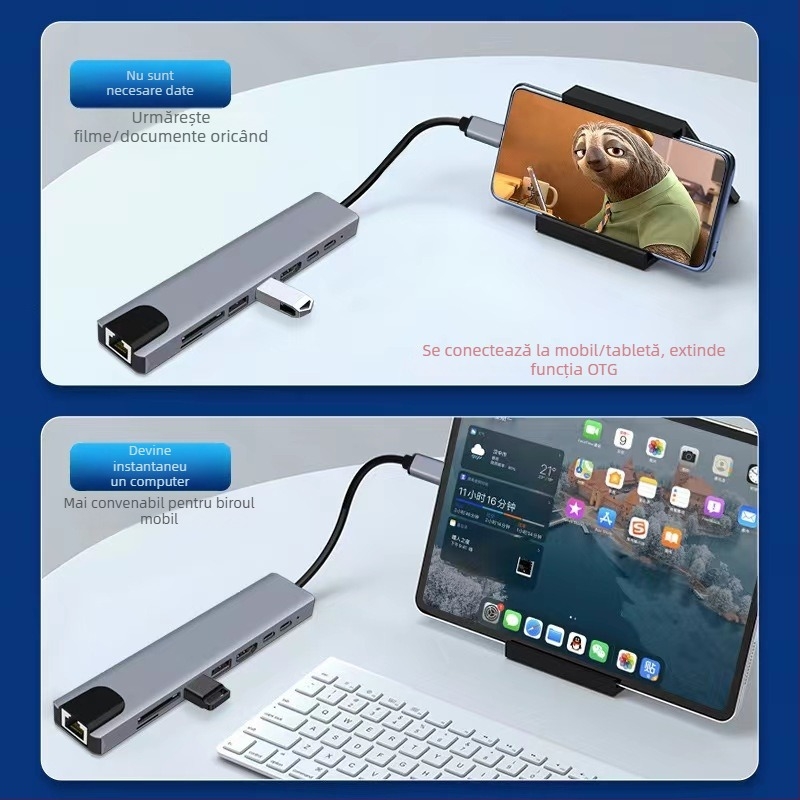 Stație docking Type-C 8 în 1 cu ieșire HDMI, hub USB 3.0 și cititor SD/TF