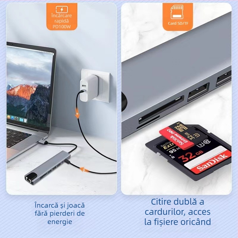 Stație docking Type-C 8 în 1 cu ieșire HDMI, hub USB 3.0 și cititor SD/TF