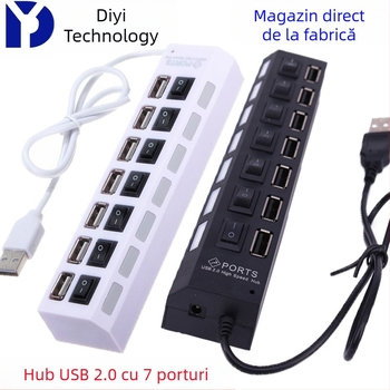 Hub USB 2.0 cu 7 porturi pentru PC și laptop, adaptor USB de extindere pentru transfer de date și încărcare