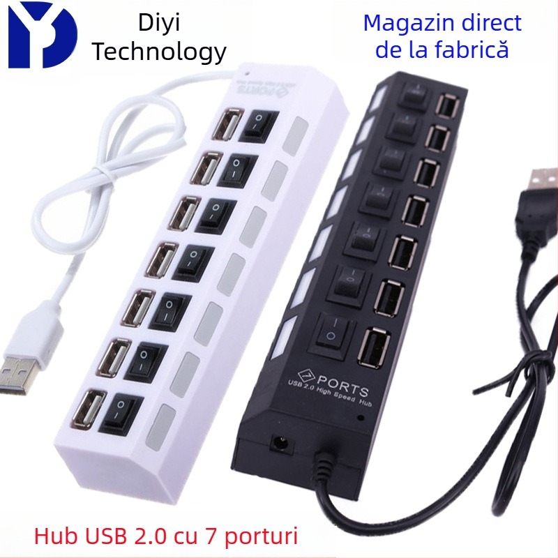Hub USB 2.0 cu 7 porturi pentru PC și laptop, adaptor USB de extindere pentru transfer de date și încărcare
