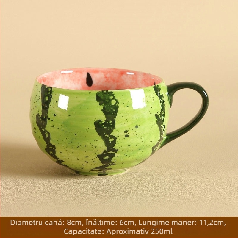 Ceașcă de cafea din porțelan pictată manual, cu mâner, motiv drăguț de pepene, culoare sub glazură, pentru uz casnic.