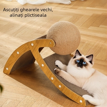 Placă mare de zgâriere pentru pisici din carton ondulat, bilă din sisal, jucărie verticală