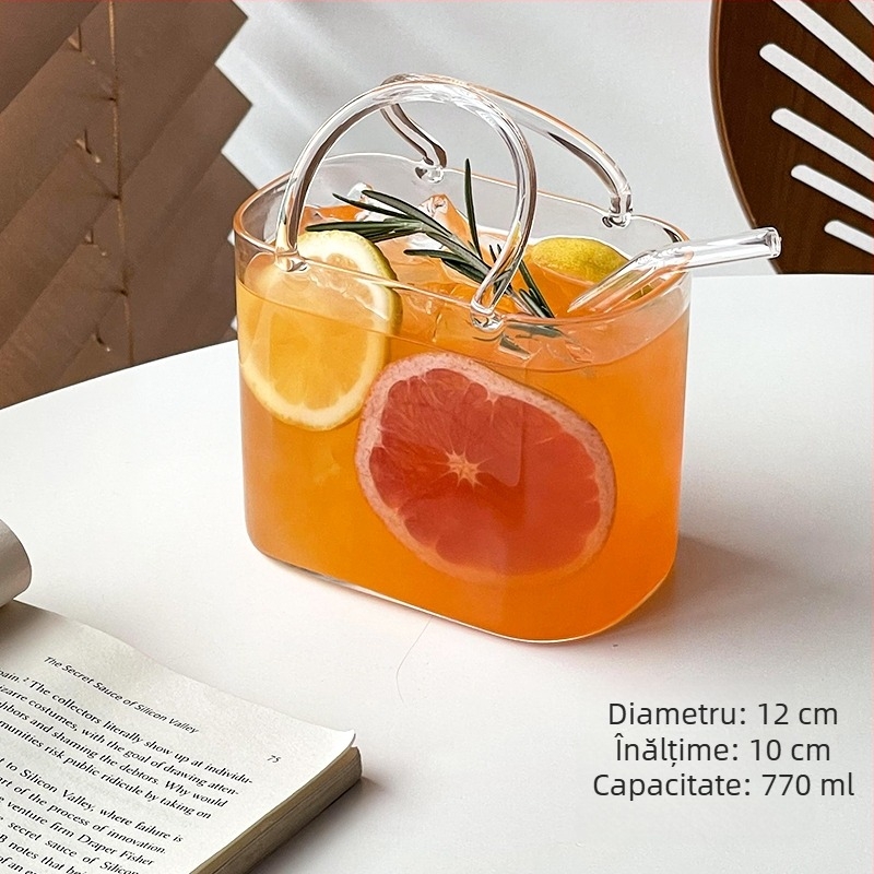 Pahar din sticlă pentru băuturi, în design inspirat de geantă, potrivit pentru cocktailuri, vin de fructe, ceai de fructe și sucuri