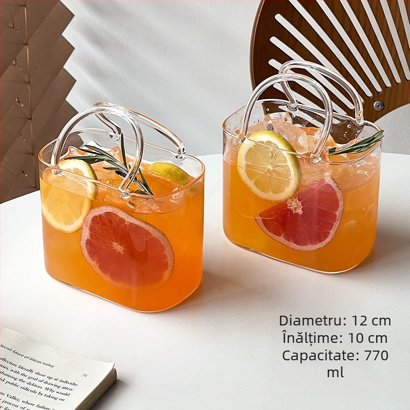 Pahar din sticlă pentru băuturi, în design inspirat de geantă, potrivit pentru cocktailuri, vin de fructe, ceai de fructe și sucuri