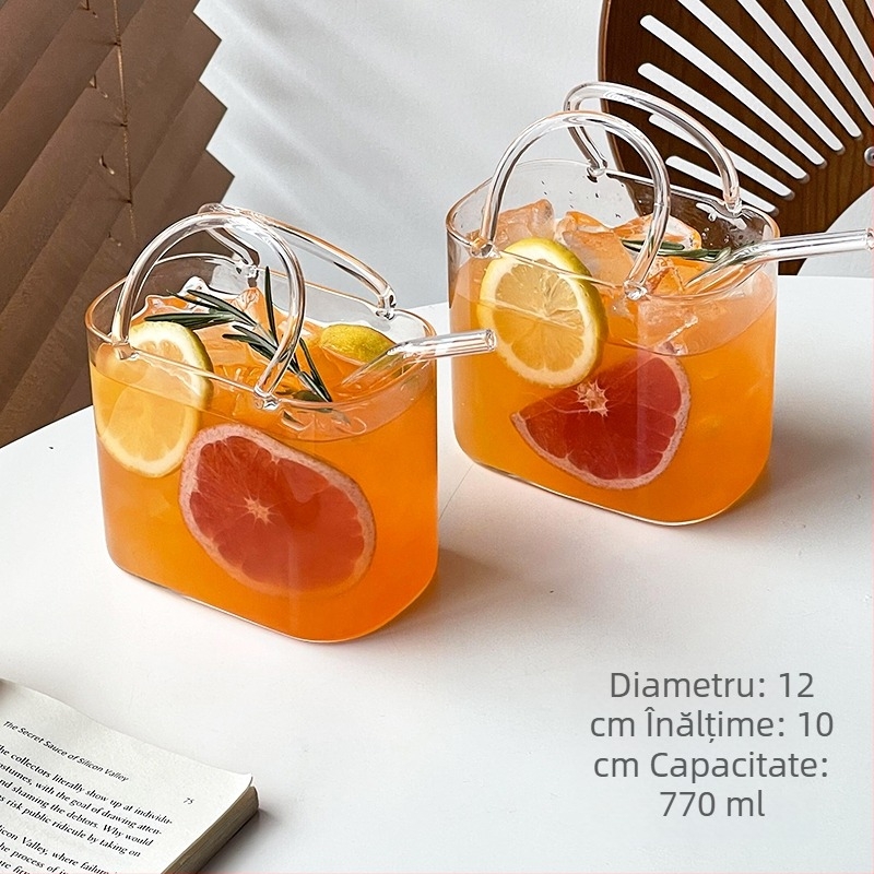 Pahar din sticlă pentru băuturi, în design inspirat de geantă, potrivit pentru cocktailuri, vin de fructe, ceai de fructe și sucuri