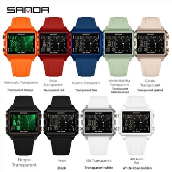 Sanda ceas electronic transparent cu cadran mare pătrat pentru elevi — ceas sport multifuncțional cu numărătoare inversă