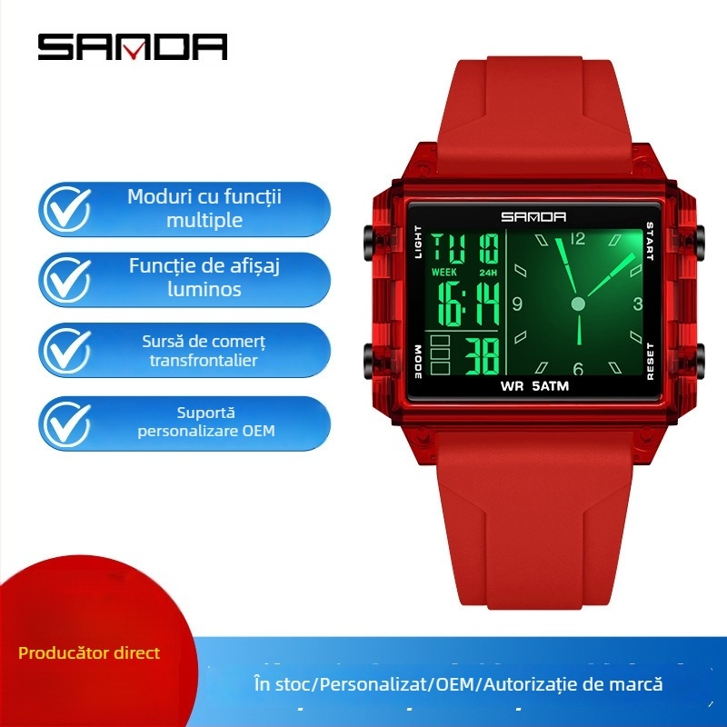 Sanda ceas electronic transparent cu cadran mare pătrat pentru elevi — ceas sport multifuncțional cu numărătoare inversă