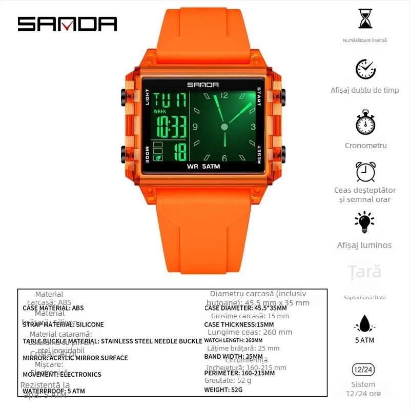 Sanda ceas electronic transparent cu cadran mare pătrat pentru elevi — ceas sport multifuncțional cu numărătoare inversă