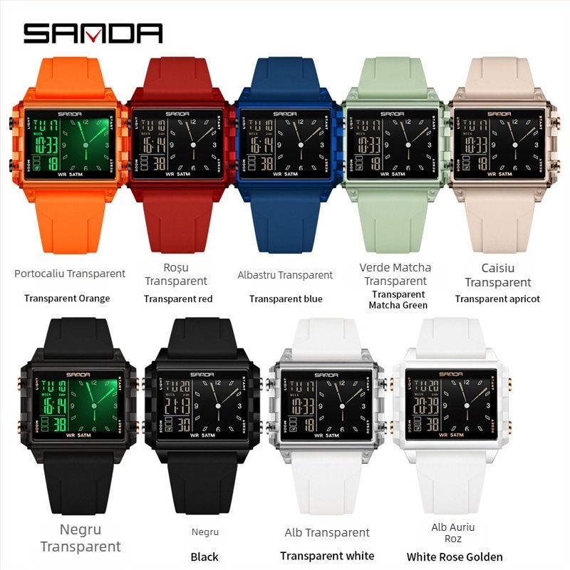 Sanda ceas electronic transparent cu cadran mare pătrat pentru elevi — ceas sport multifuncțional cu numărătoare inversă