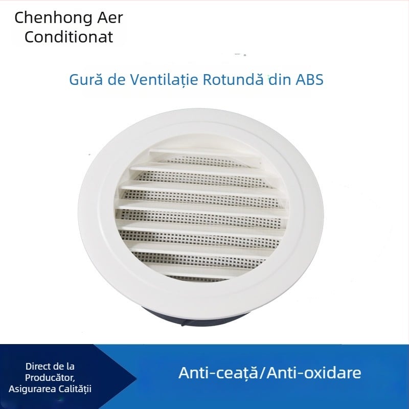 Ieșire circulară ABS pentru ventilație centrală cu palete înclinate și grilaj, protecție anti țânțari