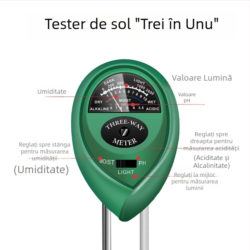 Tester de sol 3 în 1: umiditate, pH și nutrienți pentru plante, vârf rotund