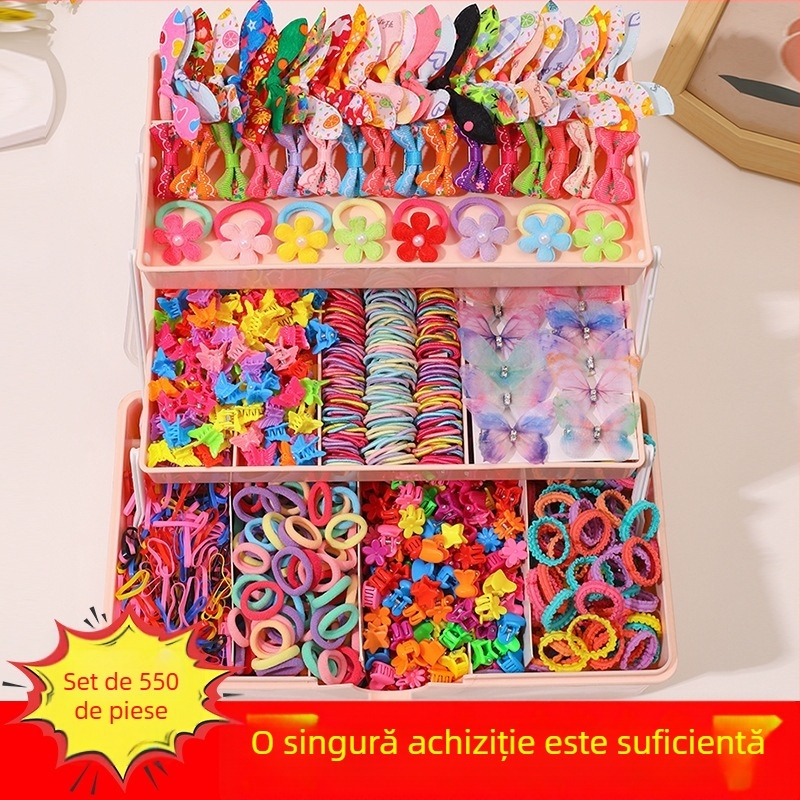 Set de accesorii pentru păr pentru copii, 555 piese – elastice, agrafe și cleme mici – seria Candy pentru bebeluți, seria Prințese, handmade, plastic/ rășină