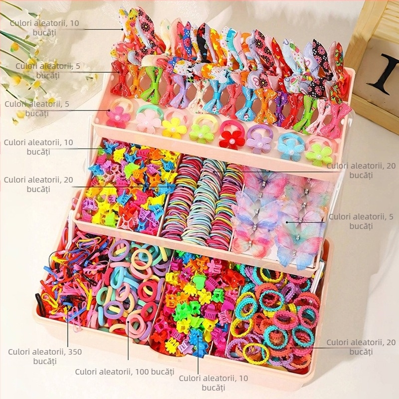 Set de accesorii pentru păr pentru copii, 555 piese – elastice, agrafe și cleme mici – seria Candy pentru bebeluți, seria Prințese, handmade, plastic/ rășină