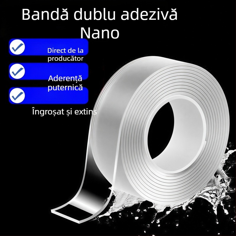 Bandă adezivă nano cu dublă față pentru montaj pe perete, transparentă, cu viscozitate înaltă, fără reziduuri