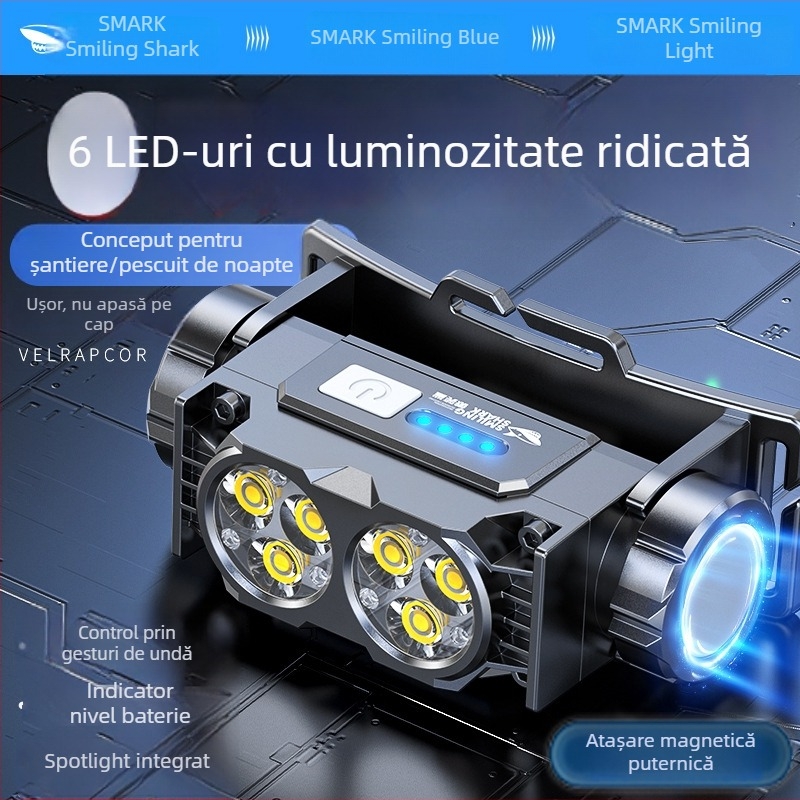 Frontala compatibilă cu cască, cu senzor, pentru exterior și drumeții, foarte puternică, baterie cu durată lungă, model nou 2025, montare pe cap
