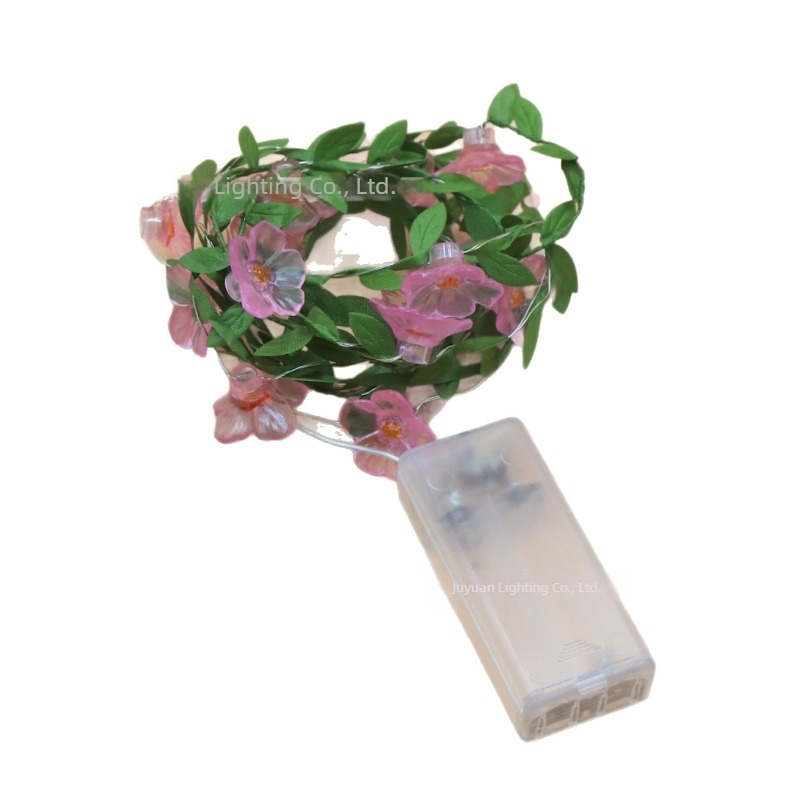 Ghirlandă LED cu sârmă de cupru, cu flori roz și frunze verzi, pentru exterior – decor de grădină cu flori de cireș și piersic