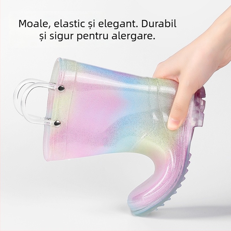 Ghete de ploaie pentru fete - prințesă, transparente, cu curcubeu, antiderapante din PVC