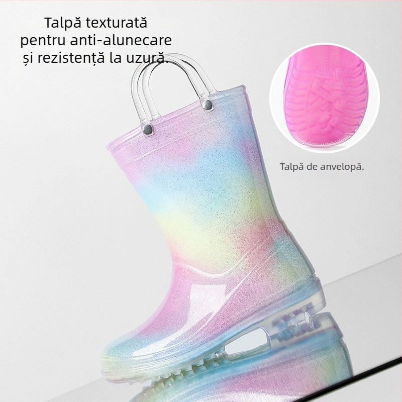 Ghete de ploaie pentru fete - prințesă, transparente, cu curcubeu, antiderapante din PVC
