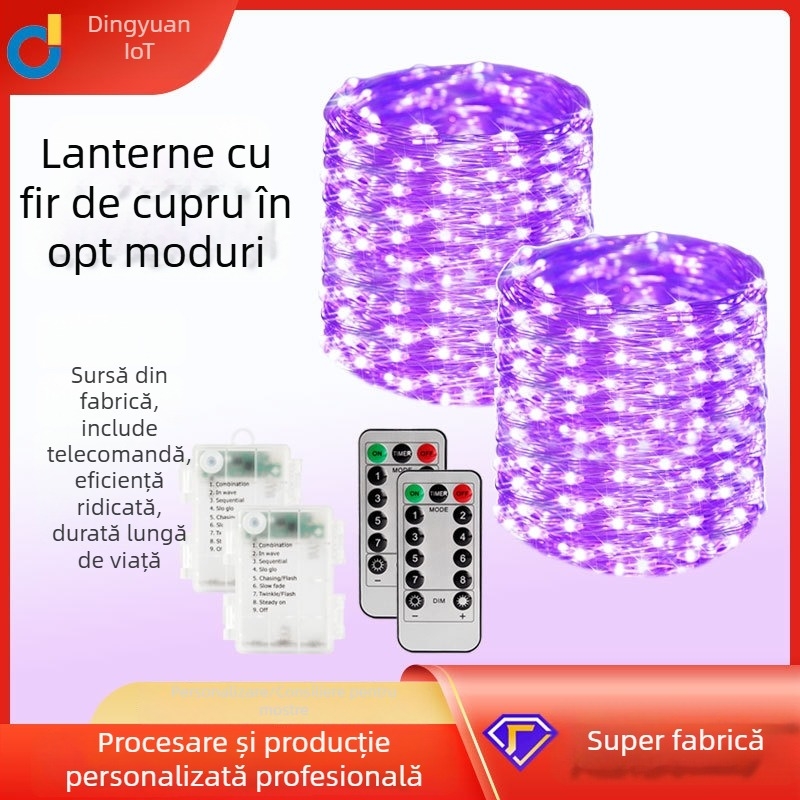 Șir LED cu sârmă de cupru, 5,5 m, pentru decor de curte de Crăciun și Halloween, IP65, cutie de baterii cu opt funcții