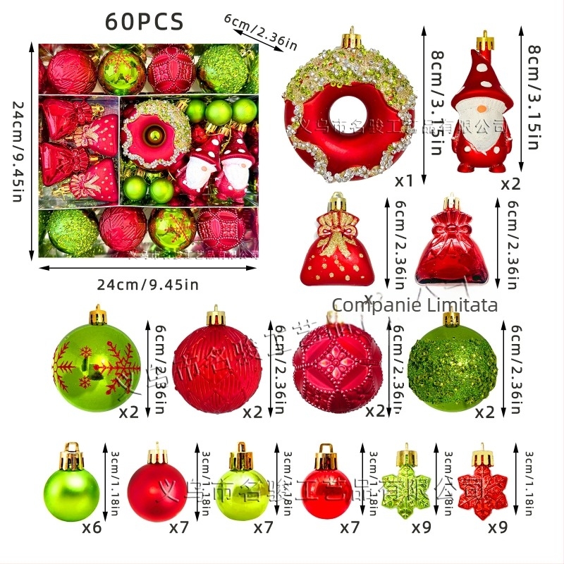 Ornamente pentru brad din plastic, bile pictate, cu motive donut, elf din pădure și fulg de zăpadă