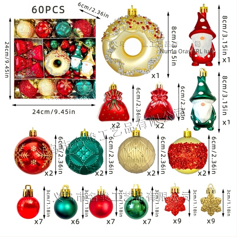 Ornamente pentru brad din plastic, bile pictate, cu motive donut, elf din pădure și fulg de zăpadă