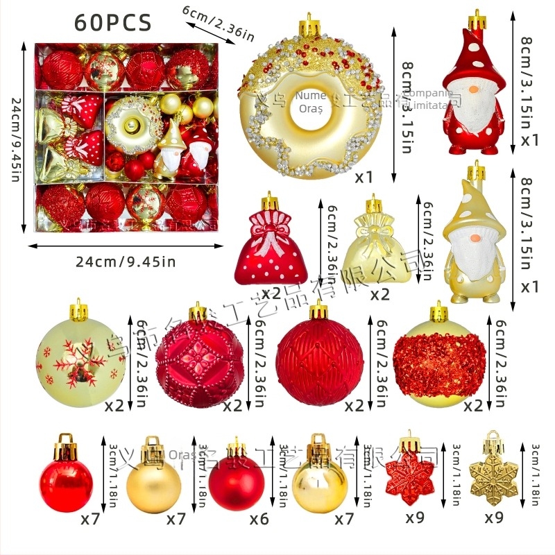 Ornamente pentru brad din plastic, bile pictate, cu motive donut, elf din pădure și fulg de zăpadă
