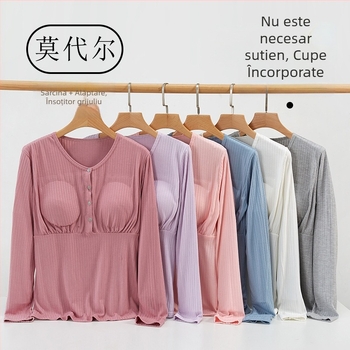 Bluza cu mânecă lungă pentru alăptare, primăvară-toamnă, cu patru nasturi, îmbrăcăminte de casă, postnatal, top de alăptare respirant.