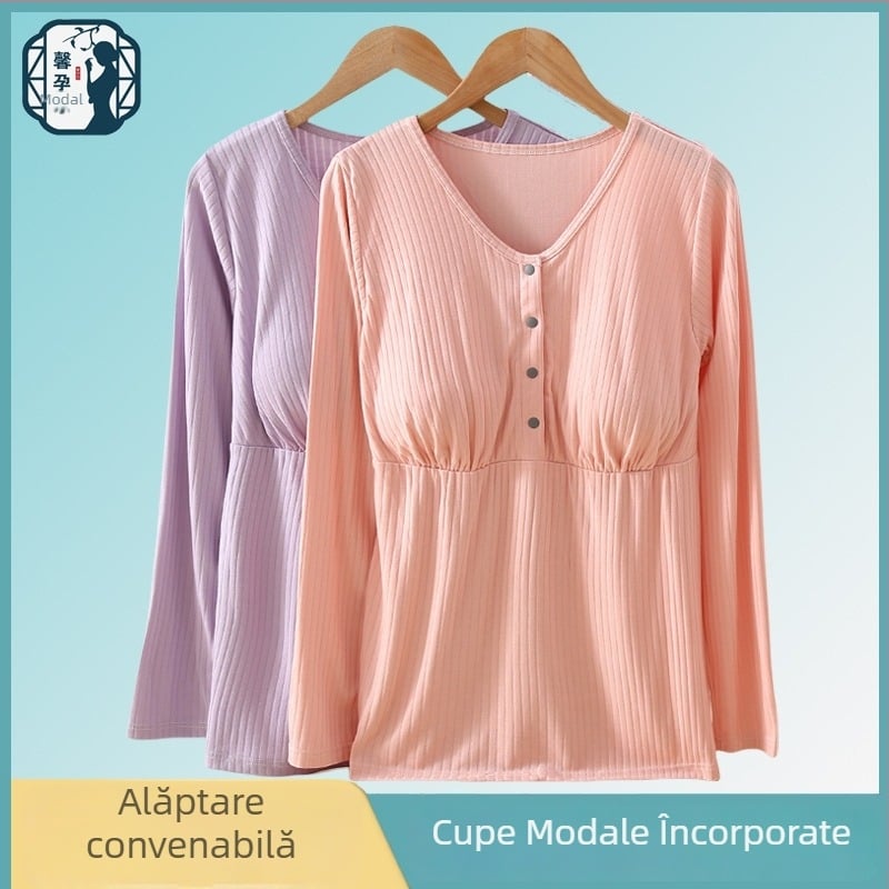 Bluza cu mânecă lungă pentru alăptare, primăvară-toamnă, cu patru nasturi, îmbrăcăminte de casă, postnatal, top de alăptare respirant.