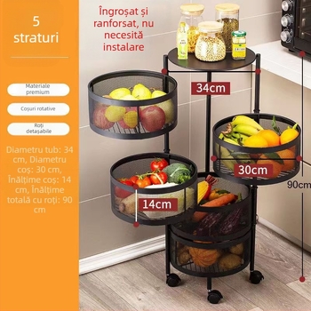 Raft rotativ de bucătărie, fără montaj, etajeră de podea cu cinci niveluri pentru legume și fructe