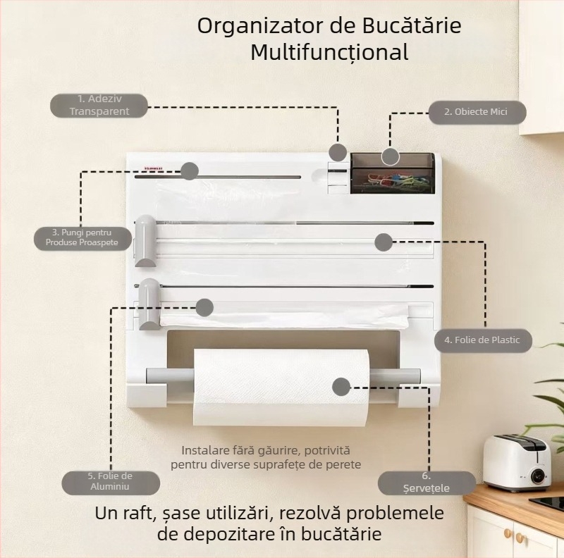Raft de bucătărie 6 în 1, cu tăietor pentru folie alimentară și pentru folie de aluminiu, suport pentru prosoape de hârtie fără găuri