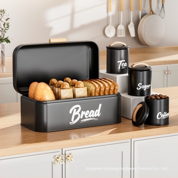 Cutie de pâine cu capac flip-top, borcane sigilate pentru cafea și zahăr, cutie metalică cu mâner din lemn