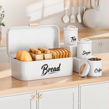Cutie de pâine cu capac flip-top, borcane sigilate pentru cafea și zahăr, cutie metalică cu mâner din lemn