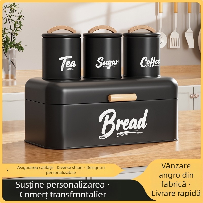 Cutie de pâine cu capac flip-top, borcane sigilate pentru cafea și zahăr, cutie metalică cu mâner din lemn