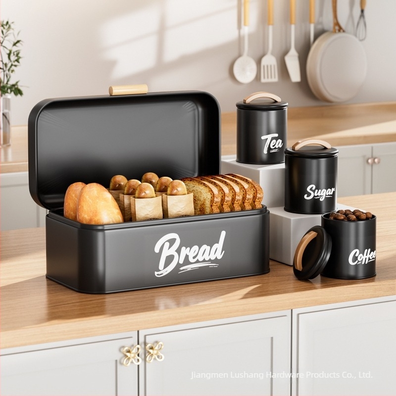 Cutie de pâine cu capac flip-top, borcane sigilate pentru cafea și zahăr, cutie metalică cu mâner din lemn