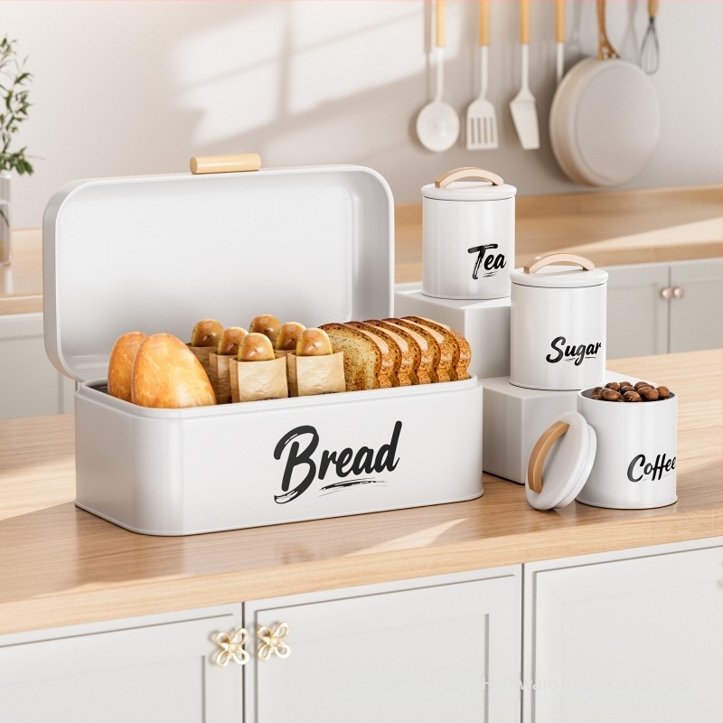 Cutie de pâine cu capac flip-top, borcane sigilate pentru cafea și zahăr, cutie metalică cu mâner din lemn