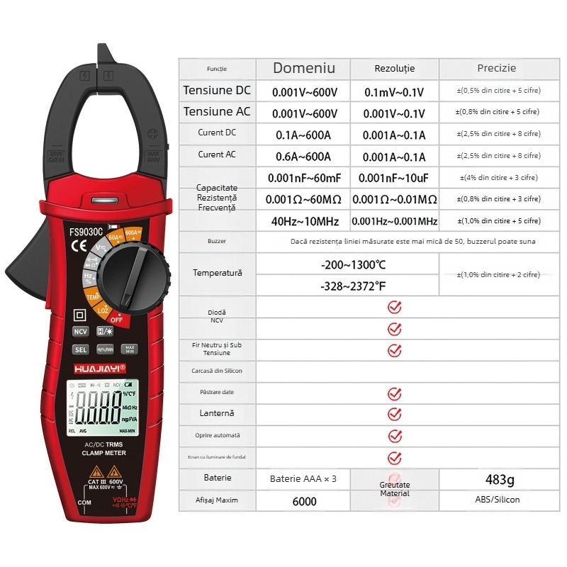 Ampermetru cu clemă DC, 600 A, multimetru inteligent de înaltă precizie, ampermetru multifuncțional, model 9030C pentru electricieni