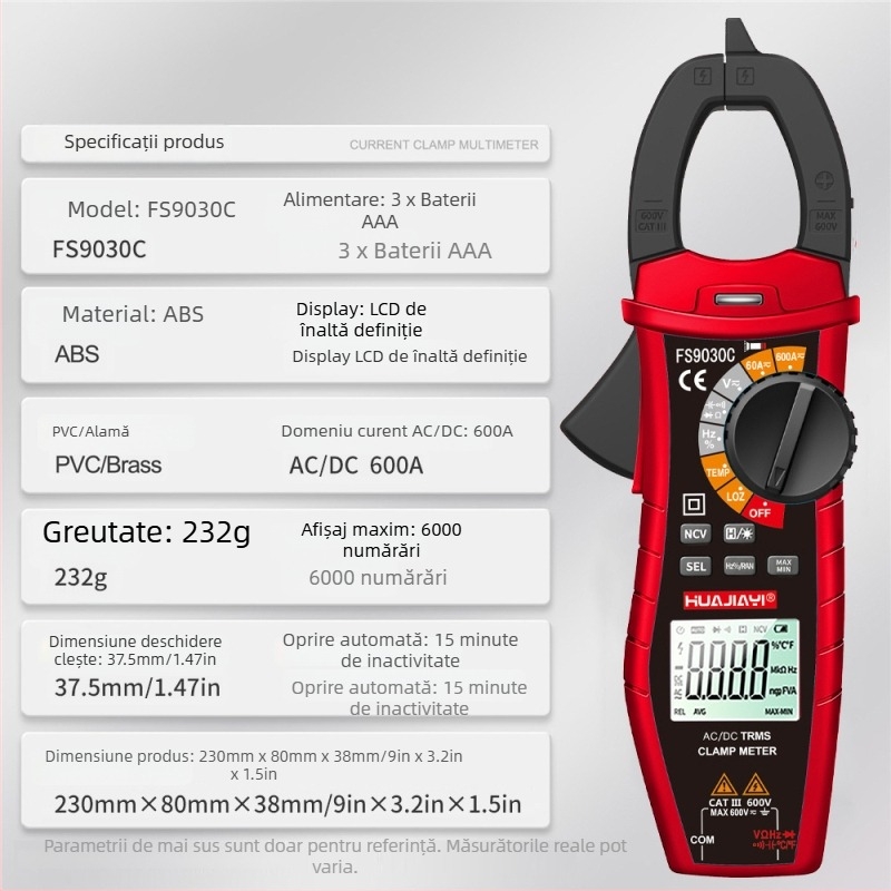 Ampermetru cu clemă DC, 600 A, multimetru inteligent de înaltă precizie, ampermetru multifuncțional, model 9030C pentru electricieni
